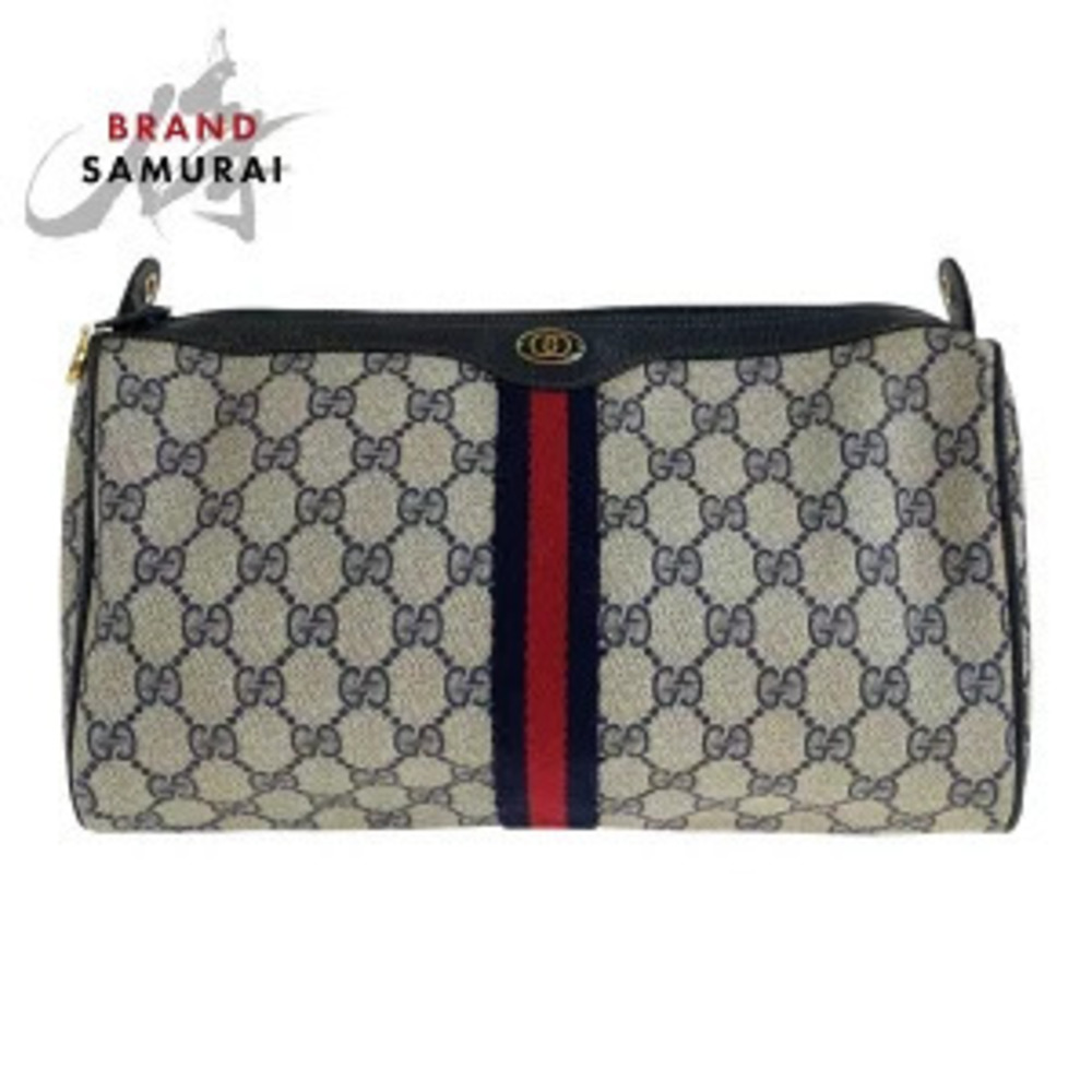Gucci Sherry Clutch Bag Gray Navy Blue GG Supreme Canvas